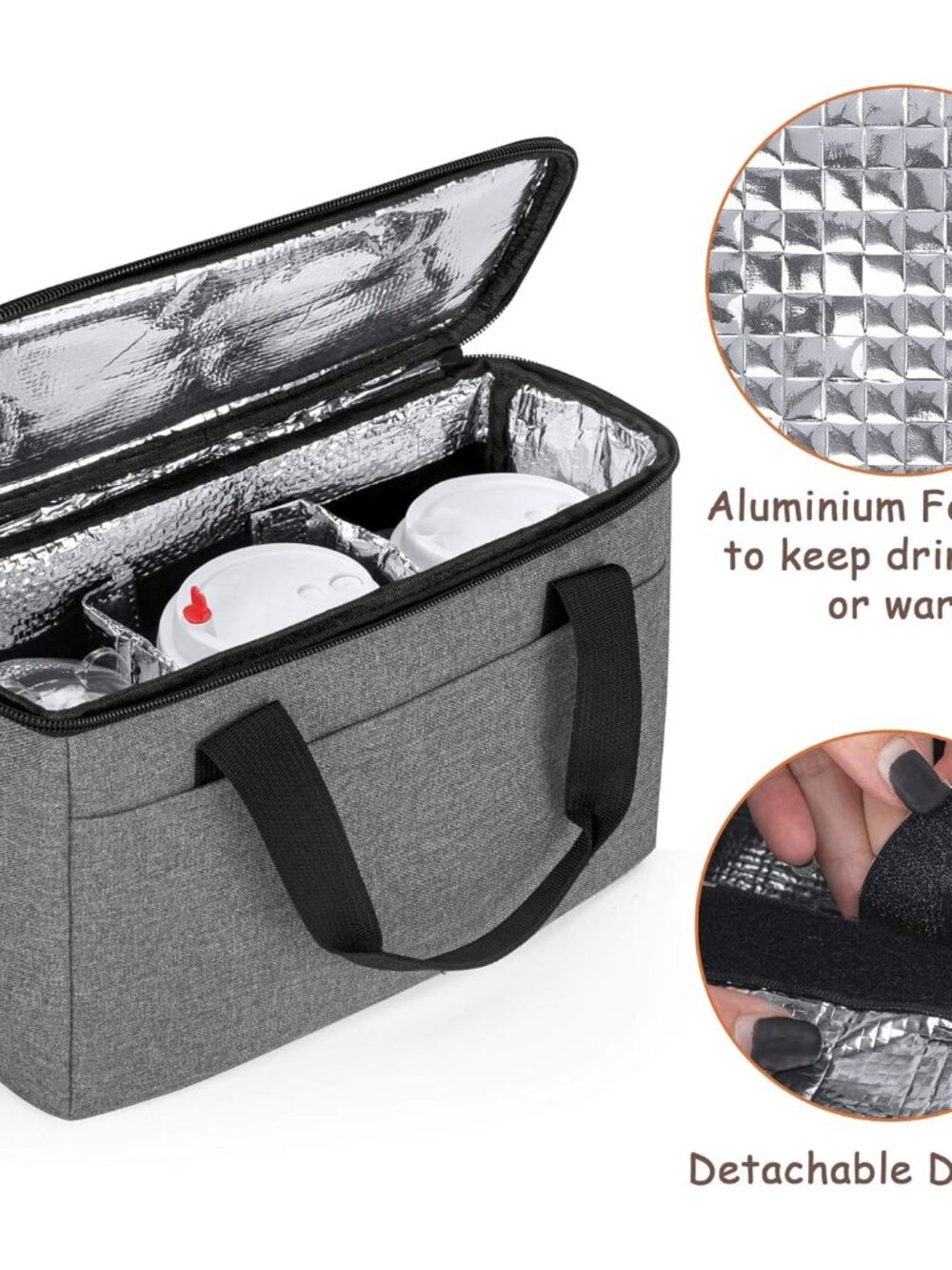 Reusable 3 Cups Drink Carrier for Delivery with Adjustable Dividers, Insulated D - Picture 5 of 8